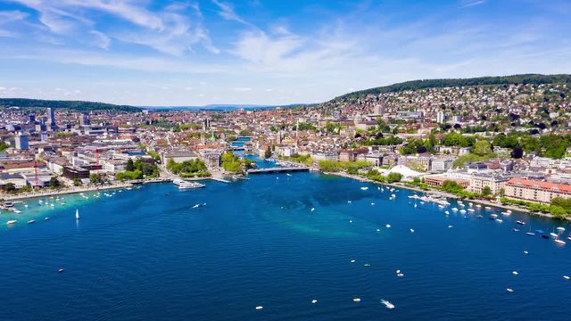 4K Aerial hyperlapse timelapse of  Zurich city  in Switzerland - UHD