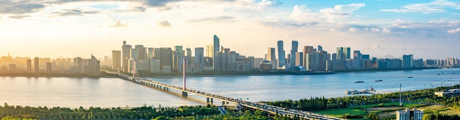 hangzhou city skyline at dusk