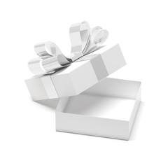 Gift box decorated with ribbon. Open empty container with white bow
