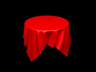 Red tablecloth on invisible round table. On black background