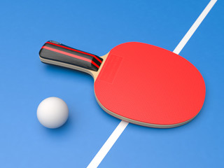 Red table tennis racket with ball. On blue background