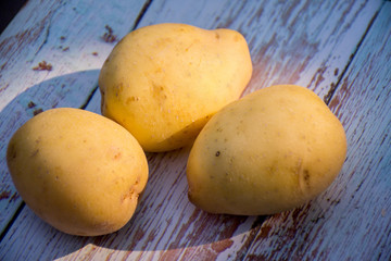 Potatoes on a wooden table background filled with sunlilght. Cooking ingredients. Harvest.