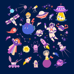 Space objects collection vector illustrations. Cute doodles galaxy icon set on blue background