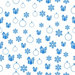Merry Christmas Blue elements on white background. Seamless graphic pattern made with elements of zentangl and doodle. Wrapping paper illustration