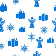 Merry Christmas Blue elements on white background. Seamless graphic pattern made with elements of zentangl and doodle. Wrapping paper illustration