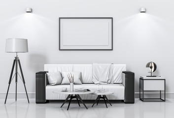 mock up poster frame in interior living room and sofa, 3D render