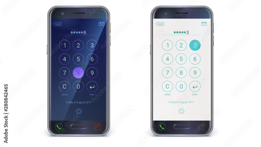Poster smartphone, mobile phone isolated on white background. app with digital numpad, user mobile interfac