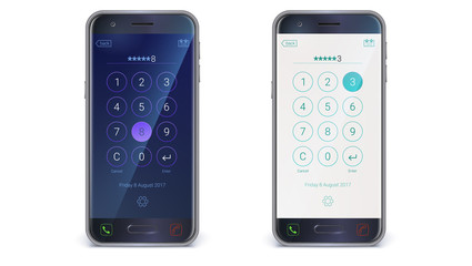 Smartphone, mobile phone isolated on white background. App with digital numpad, user mobile interface kit. Screen lock with interface for passcode. Day and night variants. Vector 3d illustration