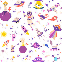Space seamless pattern vector illustrations. Light color doodles galaxy background on white. Cosmic fantasy sky wallpaper