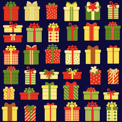 Seamless pattern of gift boxes on a dark background. Festive decor. Vector illustration