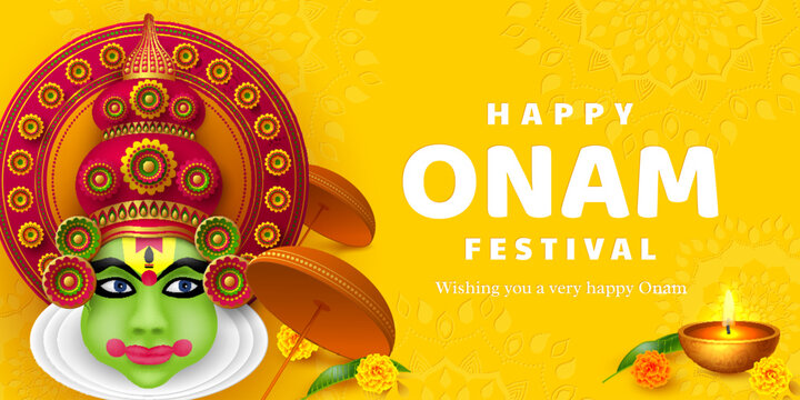 Onam festival background for South India Kerala traditional celebration. Onam Kathakali dancer with umbrella. Vector illustration.