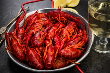 Boiled Red Crayfish, Diet Lunch Served in Saucepan