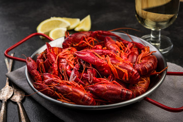 Boiled Red Crayfish, Diet Lunch Served in Saucepan