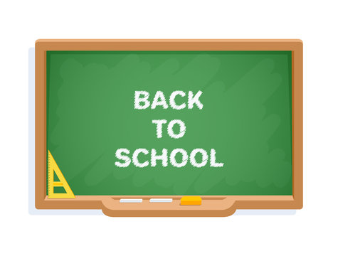 flat vector image on white background, school board with pieces of chalk and a sponge, the inscription back to school.