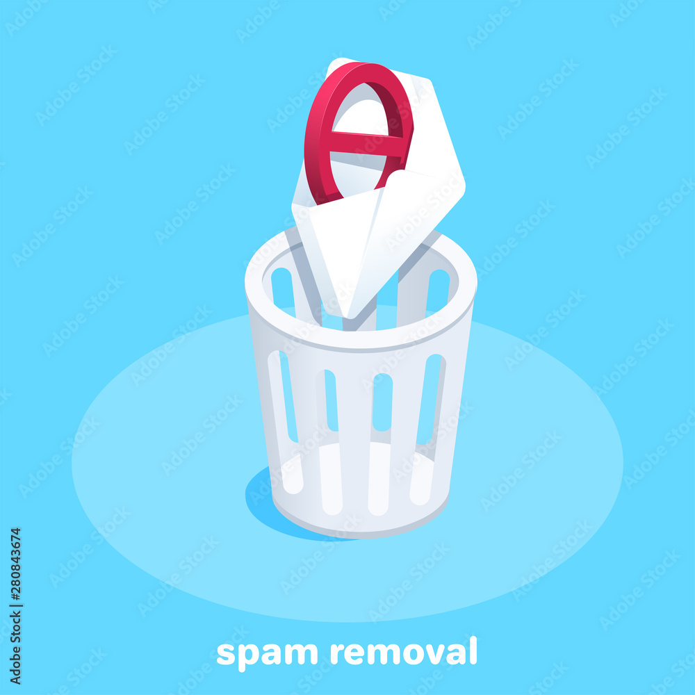 Poster isometric vector image on a blue background, a spam envelope falls into the trash, deleting spam let
