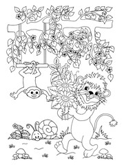 Vector illustration zentangl. Lion gives a bouquet of daisies monkey. Coloring book. The work was done manually. Anti Stress for adults and children. Black and white.