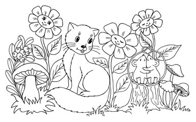Fototapeta na wymiar Vector illustration zentangl. The kitten watches the enamored mice among the flowers. Coloring book. The work was done manually. Anti Stress for adults and children. Black and white.