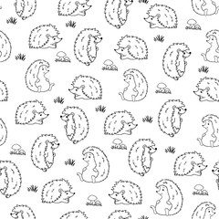 Vector illustration. Seamless pattern of hedgehogs on a white background.