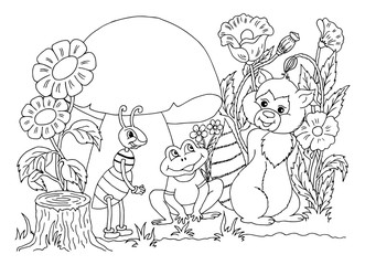 Vector illustration zentangl. Raccoon, frog and ant under the mushroom in the clearing among the flowers. Coloring book. Antistress for adults and children. The work was done in manual mode. Black and