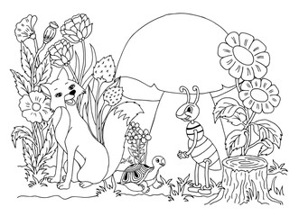 Vector illustration zentangl. A cunning fox observes an ant that stands over a mushroom. Coloring book. Antistress for adults and children. The work was done in manual mode. Black and white.