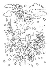 Vector illustration zentangl. A girl with a hedgehog is sitting on the moon. Coloring book. Antistress for adults and children. The work was done in manual mode. Black and white.