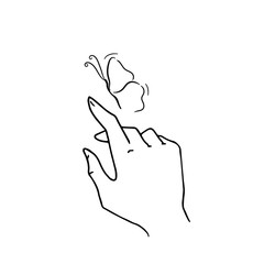 vector minimal sketchy illustration of a thin hand with long fingers and a butterfly flying around.