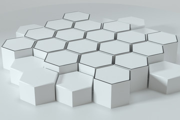 White hexagonal platforms connected together background, 3d rendering