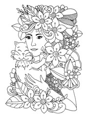 Vector illustration of a zentangle, a girl in flowers with a kitten in her arms. Drawing scribbles. Page coloring Antistress for adults and children. The work was done in manual mode. Black and white.