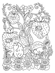 Hedgehog on the clearing under the strawberry. Vector illustration zentangl. Coloring book. Antistress for adults and children.