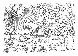 Vector illustration zentangl. The hedgehog goes to the duck's house. Coloring book. Anti-stress for adults and children. The work is done in manual mode. Black and white.