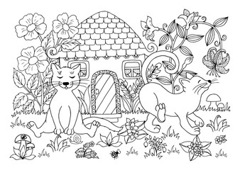 Vector illustration zentangl. Around the house playing funny cats. Coloring book. Anti-stress for adults and children. The work is done in manual mode. Black and white.