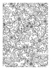 Vector illustration zentangl. The pattern of butterflies and flowers. Coloring book. Anti-stress for adults and children. The work is done in manual mode. Black and white.