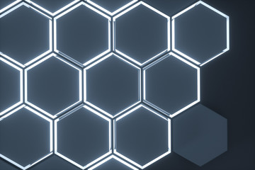 Dark hexagonal platforms connected together background, 3d rendering