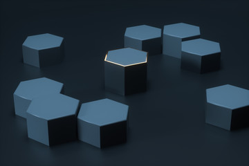 Dark hexagonal platforms connected together background, 3d rendering