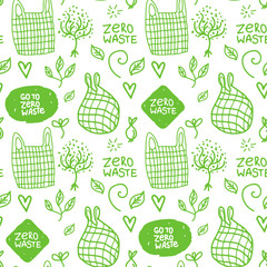 ECO Seamless pattern with hand drawn sign. Vector white inscription zero waste and mesh bag.
