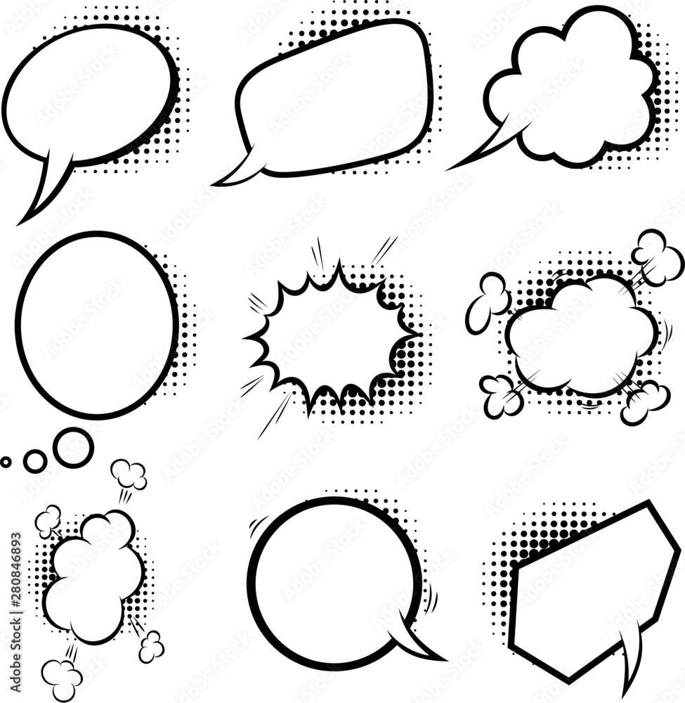 Wall mural set of empty comic style speech bubbles with halftone shadows. design element for poster, emblem, si