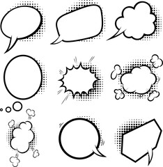 Fototapeta premium Set of empty comic style speech bubbles with halftone shadows. Design element for poster, emblem, sign, banner, flyer. Vector illustration