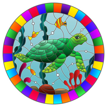Illustration in stained glass style with sea turtle on the seabed background with algae, fish and stones, oval image in bright frame