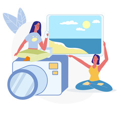 Women Choosing Vacation Photos Flat Illustration