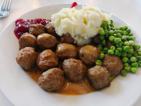 IKEA meatballs with mash and peas
