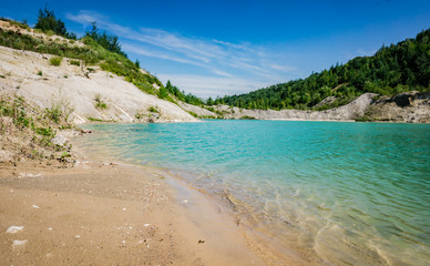 Volkovysk chalk pits or Belarusian Maldives  beautiful saturated blue lakes. Famous chalk quarries near Vaukavysk, Belarus. Developed for the needs of Krasnaselski plant construction materials.