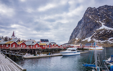 Fototapeta na wymiar Fishing fjord village Reine in spring, popular tourist spot in Lofoten Islands, Norway Europe