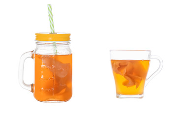 Fototapeta na wymiar Homemade fermented drink Kombucha in a glass jars. Isolated on white background