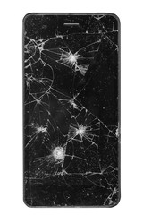 Modern smartphone with cracked glass isolated on white background
