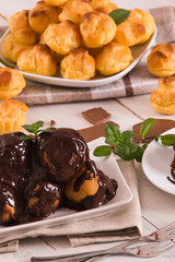 Chocolate profiteroles.