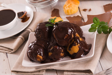 Chocolate profiteroles.