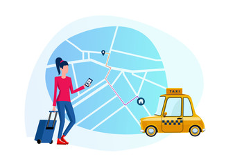 Taxi ordering. Mobile app for a call cab service. Flat illustration of a girl who calls a yellow taxi car so that he takes her along a short route to her house using a navigator