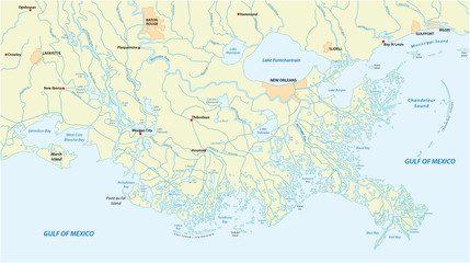 Detailed map of the Mississippi River Delta in the US state of Louisiana