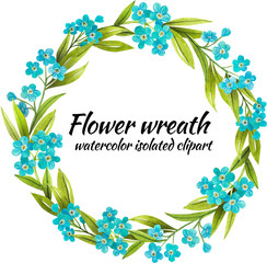 a wreath of watercolor forget-me-nots, an isolated clipart clipart for postcards and vista
