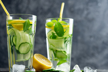 Summer detox water with lemon, mint, cucumber and Basil. Summer chilled lemonade